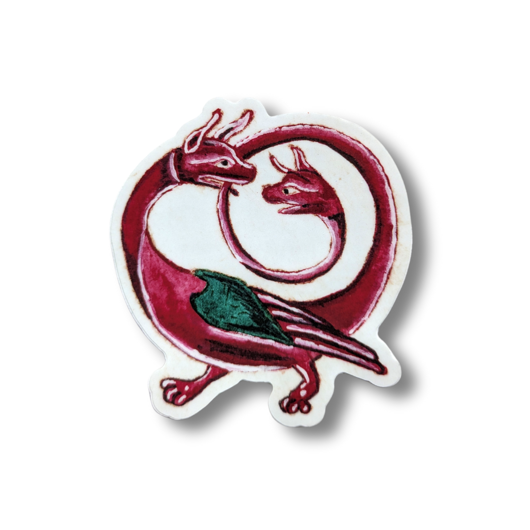 Crimson two-headed dragon ouroboros sticker with emerald wing accent on white background