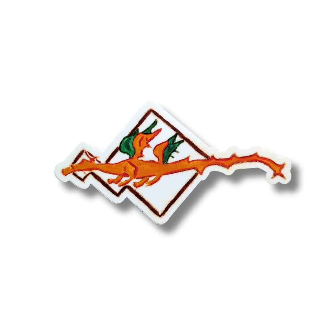 Mystical orange flame dragon sticker with green fire accents passing through diamond-shaped portal on white background