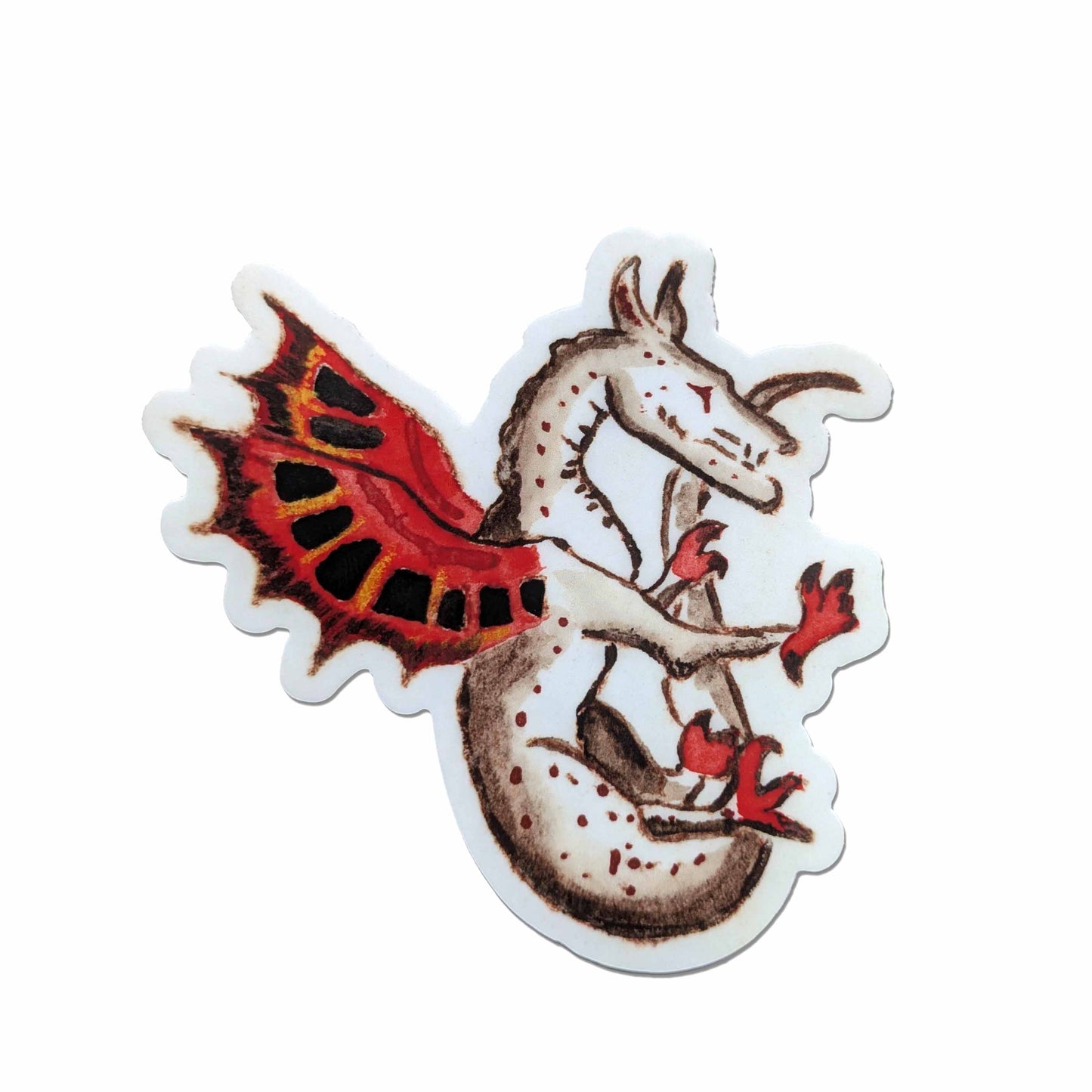 Watercolor-style dragon sticker with crimson wings, textured brown body, and intricate design symbolizing transformation and mythical energy