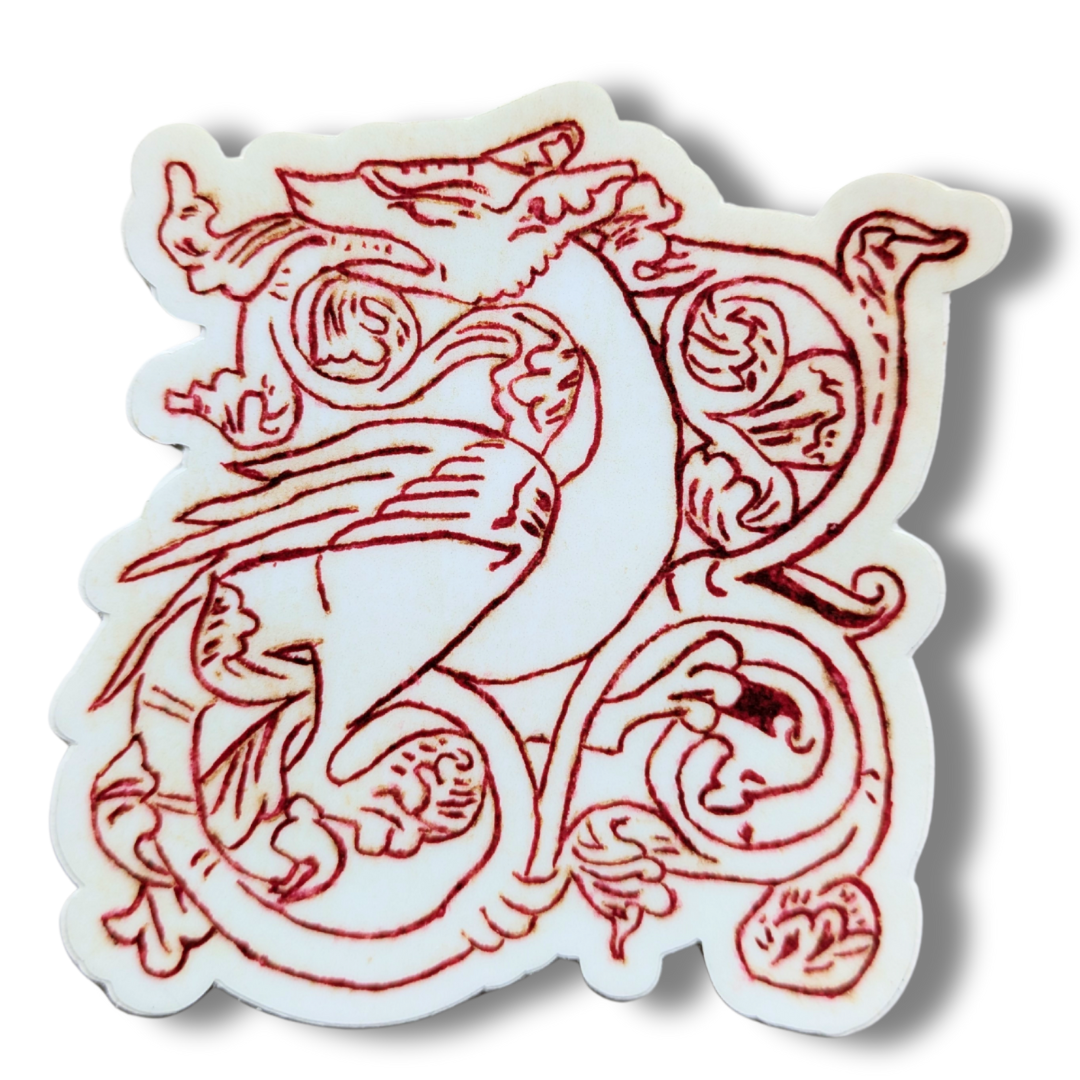 Ancient Nordic Dragon Ornamental Sticker with intricate crimson linework on white background featuring swirling traditional patterns