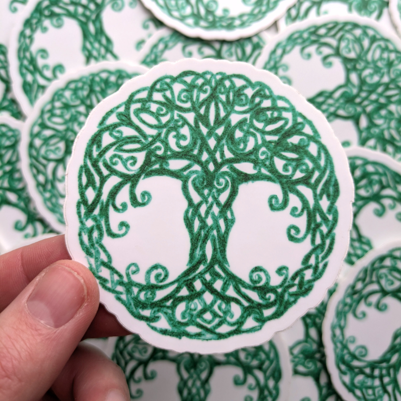 Sacred Yggdrasil vinyl decal with emerald interwoven branches and roots representing cosmic world tree symbolism