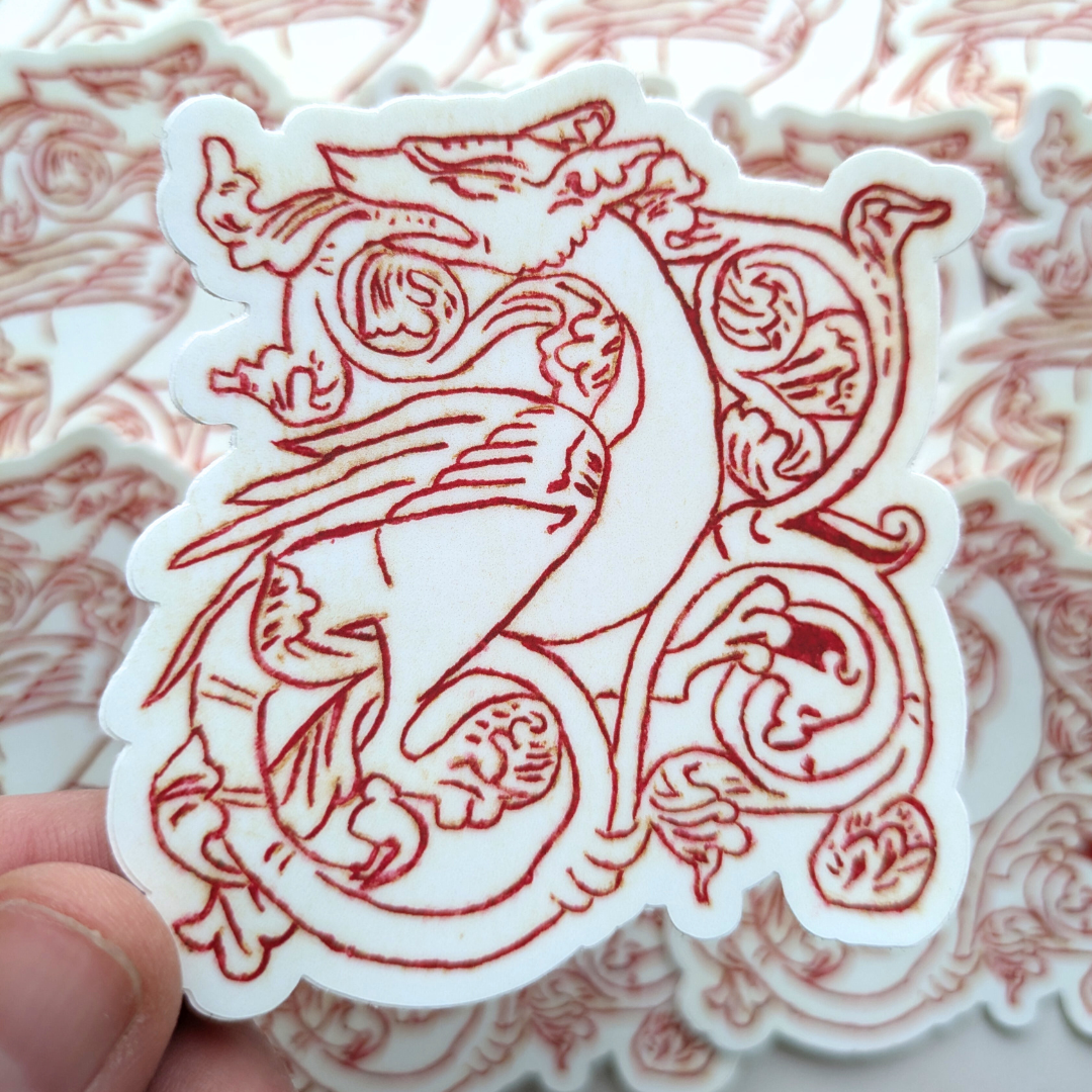 Close-up detail of Scandinavian mythology-inspired dragon decal showing ornamental design elements and traditional Norse artistry