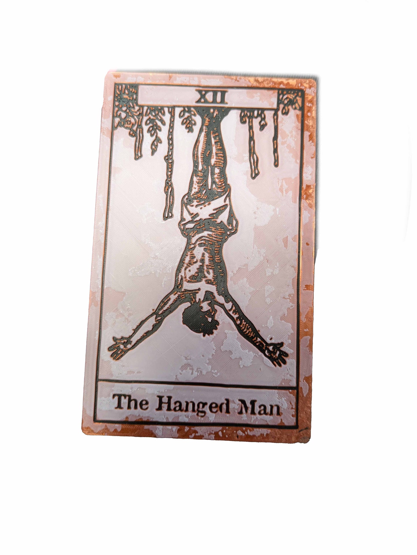 Tarot card-style bookmark featuring The Hanged Man, styled with a vintage copper finish and mystical design