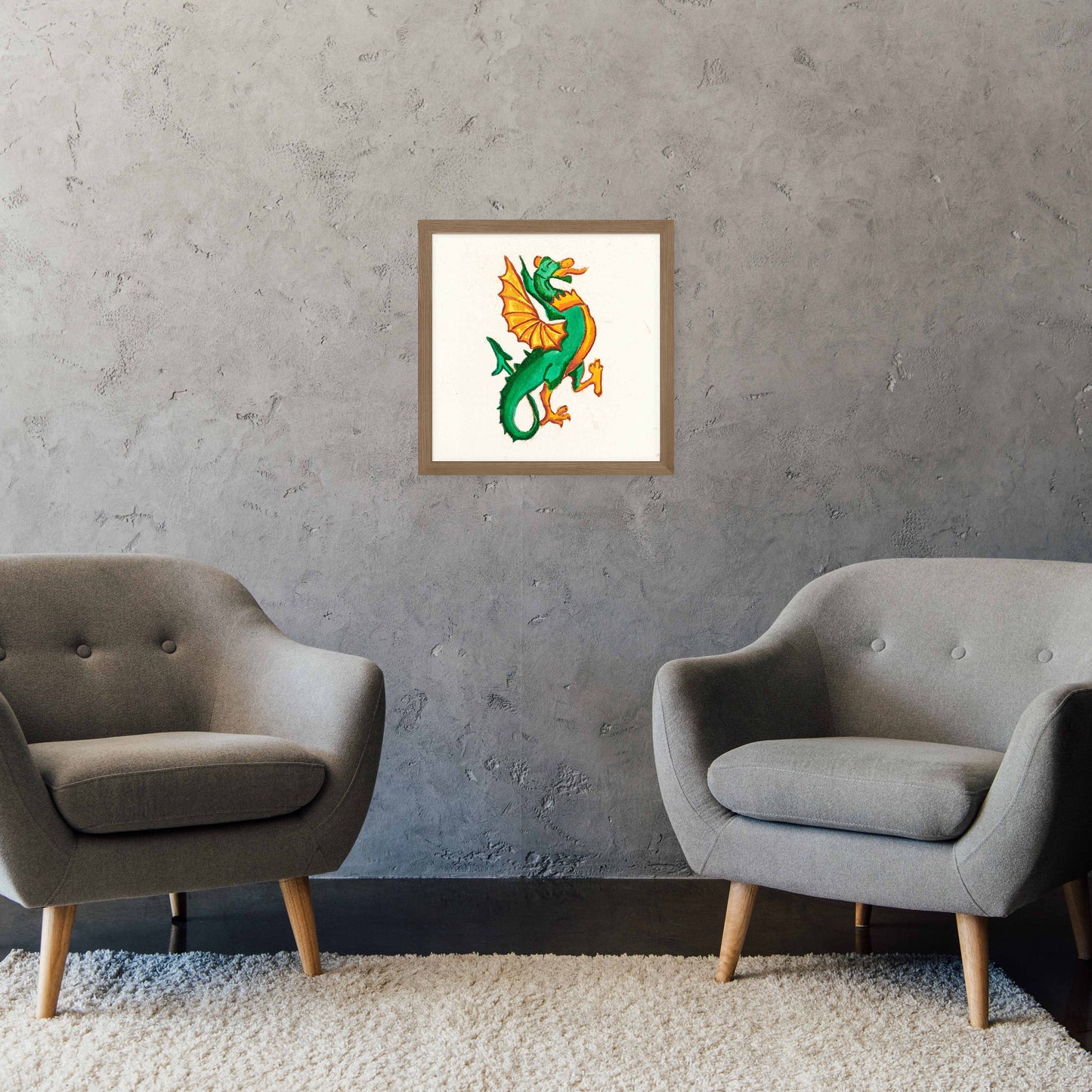 Green and gold dragon wall art print, 8x8 inches, fantasy wall art