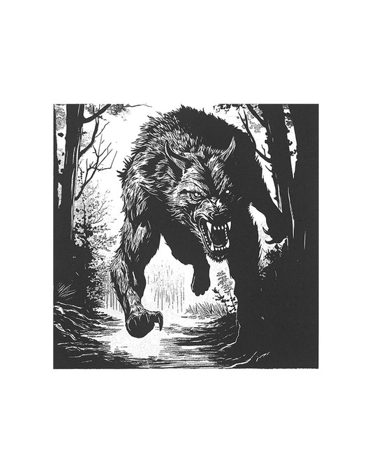 11x14 fine art reproduction print of the Beast of Bray Road — hand-carved design of Wisconsin’s werewolf legend inspired by medieval woodcuts.