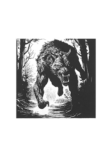 Black and white illustration of a werewolf in a forest