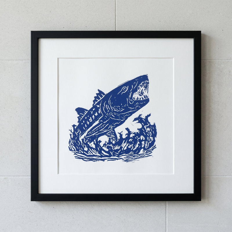 Original hand-carved Beast of Lake Winnebago artwork featuring a cryptid fish creature emerging from dark waters in relief print style.
