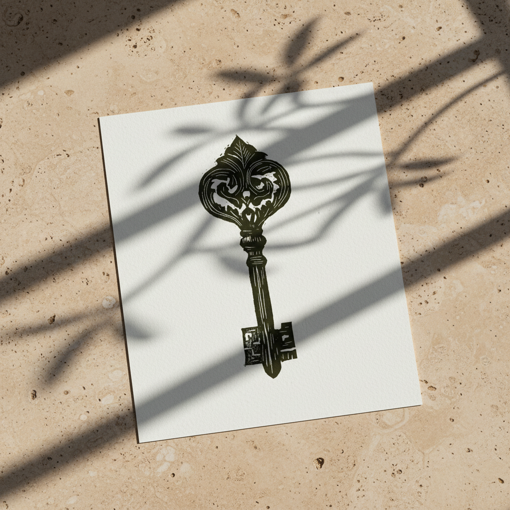 Ornate medieval key linocut print on white paper laid on a stone surface with leaf shadows