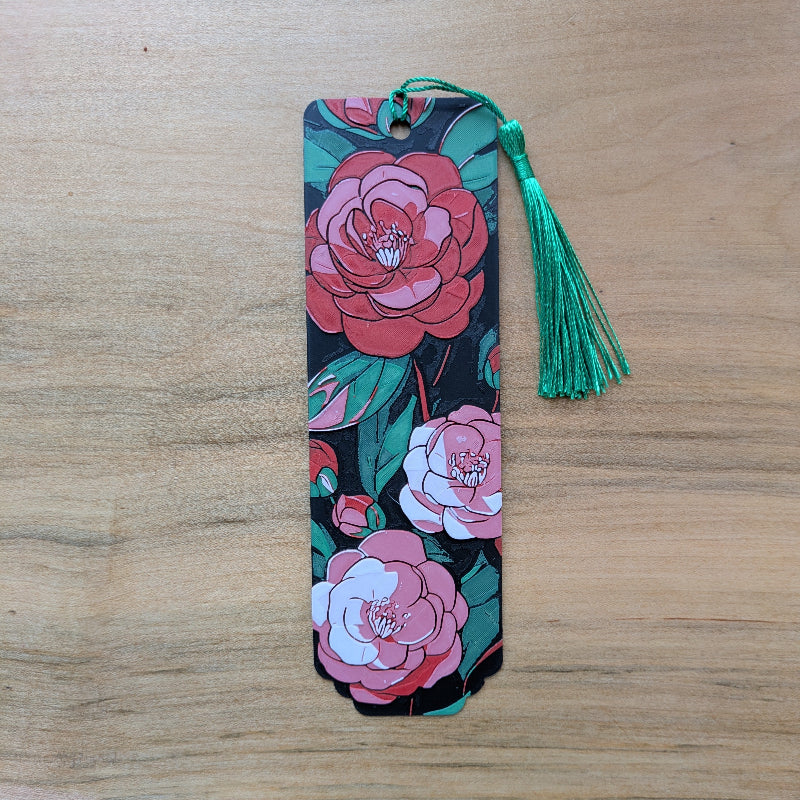 Blush camellia floral bookmark with tassel inspired by medieval manuscripts