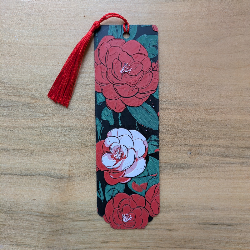 Red camellia floral bookmark with tassel inspired by medieval botanical art