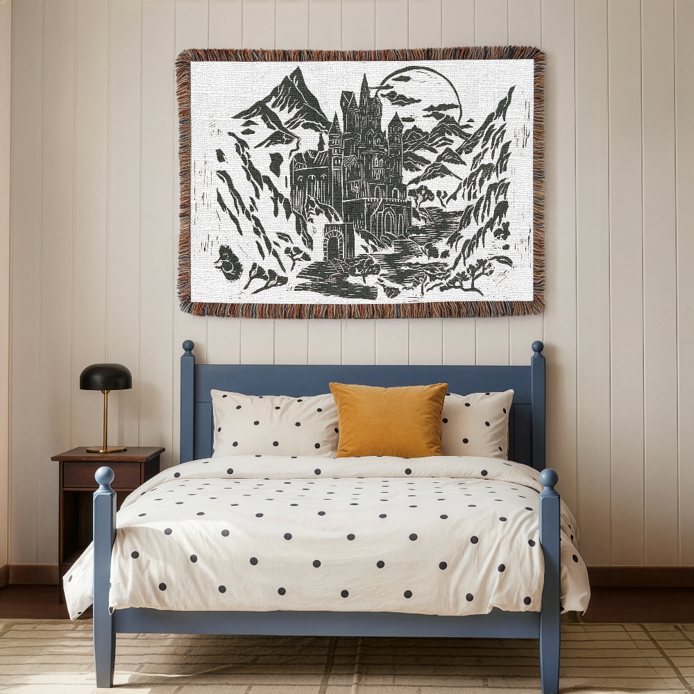 Castle Mountains gothic woven cotton blanket with medieval fortress and fringed edges