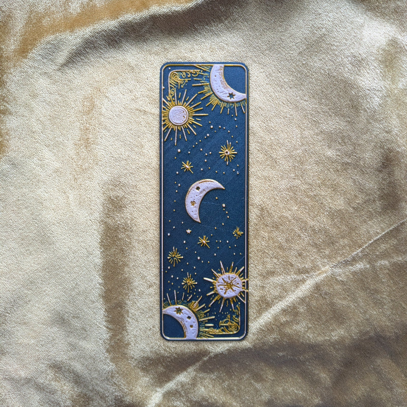 Celestial Night navy bookmark with moons stars suns and gold raised details