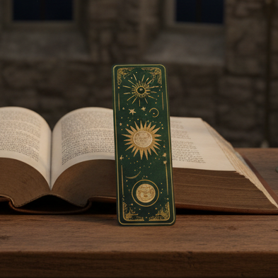 Handmade celestial sun boho-style 3D printed bookmark with a radiant sun design. Perfect for art-loving book enthusiasts.