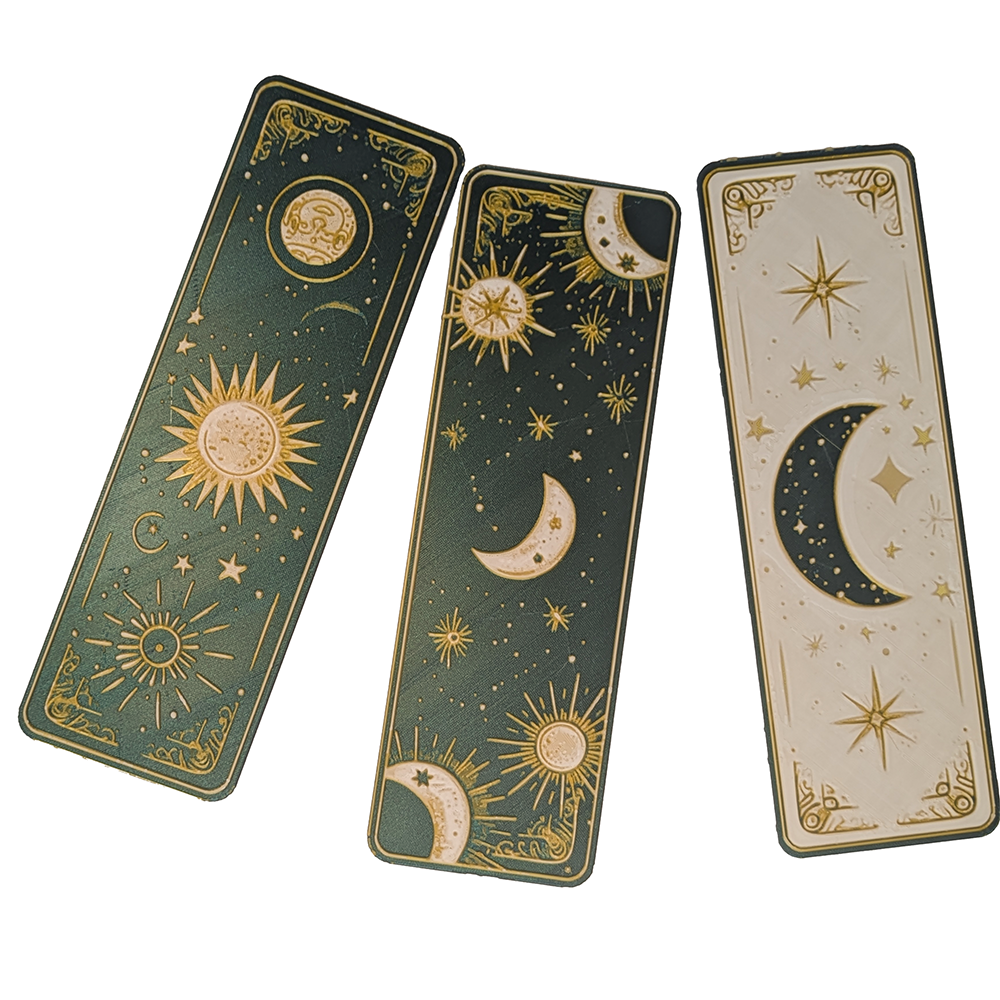 Set of celestial sun and moon boho-style 3D printed bookmarks, featuring all three designs in one image. Perfect handmade art bookmarks for book lovers and collectors.