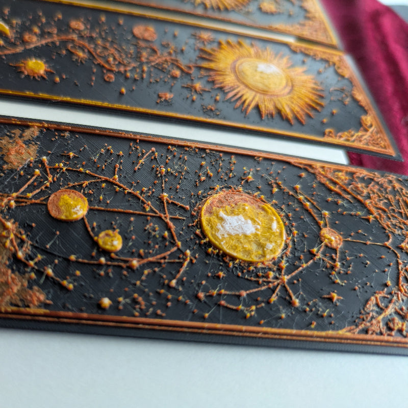 Three dimensional celestial bookmarks displayed together in a coordinated collection