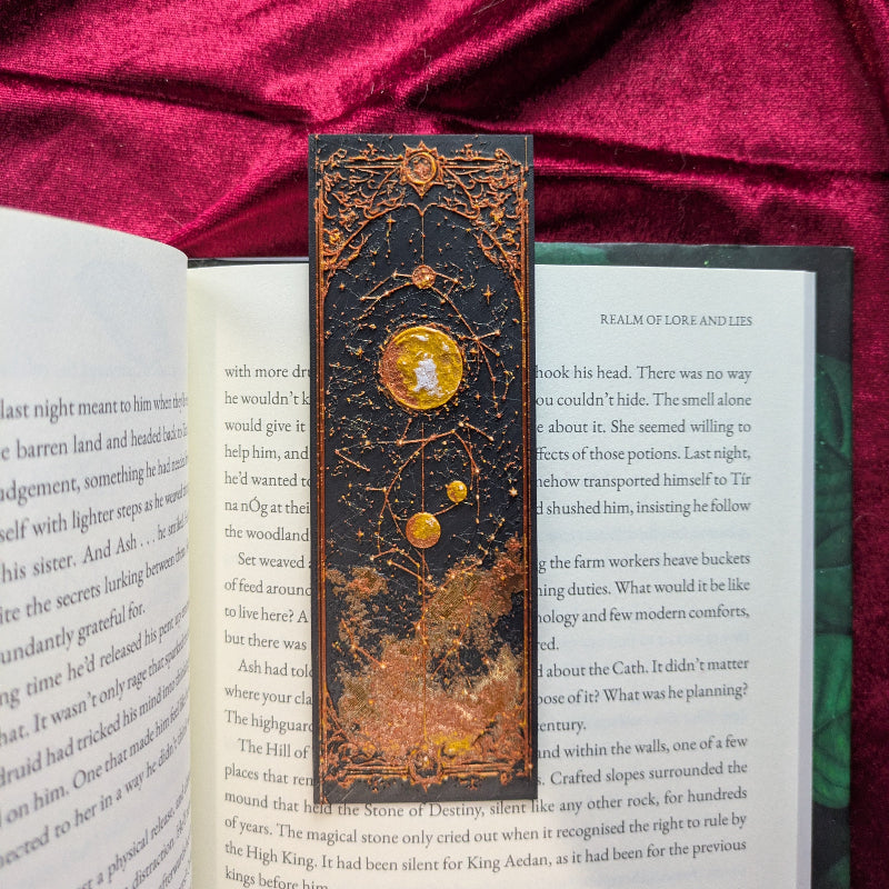 Cosmic Tree celestial bookmark with dimensional branches, roots, stars, and gold ornament