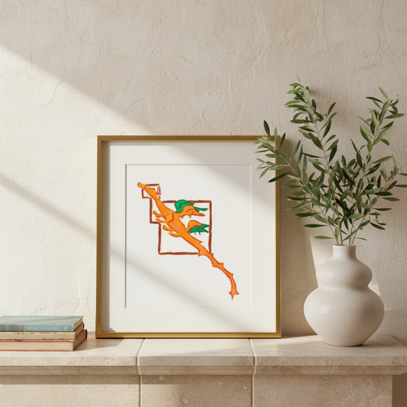 Close view of hand-drawn dragon artwork showing textured lines and warm orange and green tones