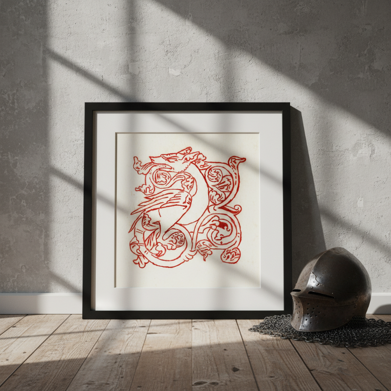 Red medieval dragon marginalia illustration with ornate scrollwork on parchment background