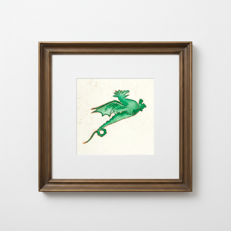 Close view of emerald dragon artwork showing intricate medieval-inspired textures and ornamental details