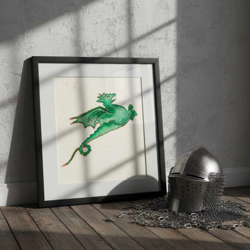 Green medieval dragon illustration in illuminated manuscript marginalia style with detailed linework and decorative border