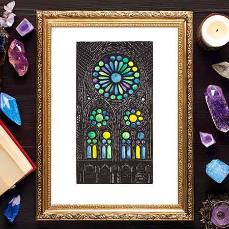 Sagrada Família Sea Glass Window – Hand-Colored Linocut Print in Cool Tones