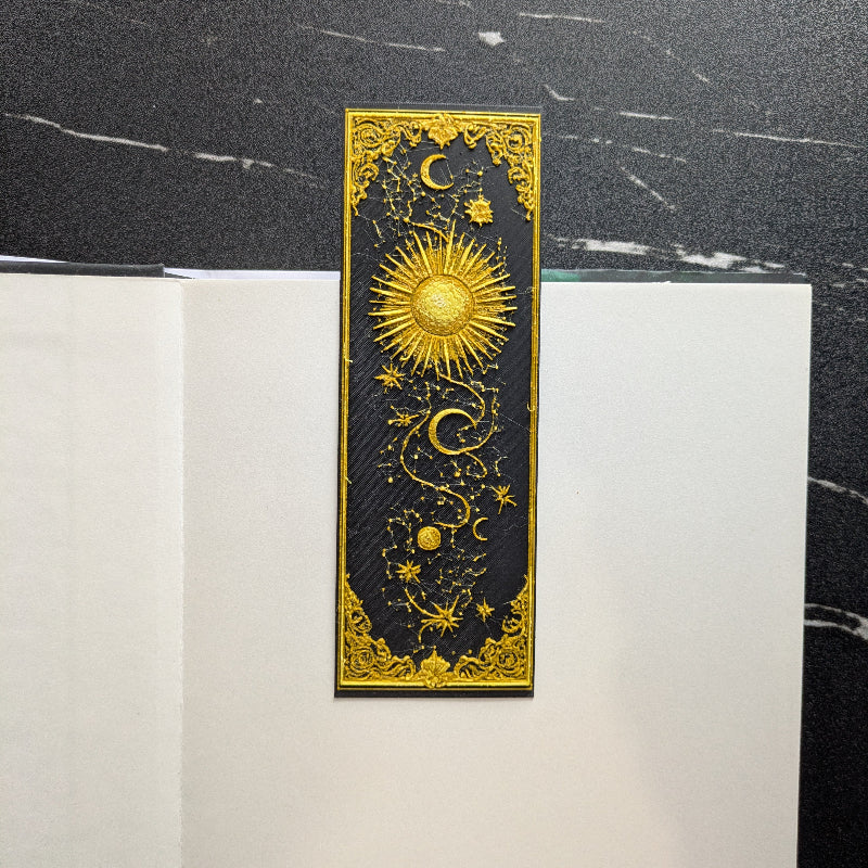 Gilded Sun and Crescent celestial bookmark with radiant gold sun, crescent moons, stars, and ornate border