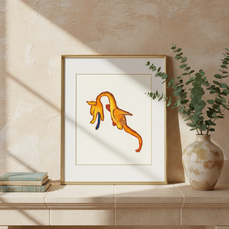 Golden medieval marginalia dragon illustration in warm tones on a light background