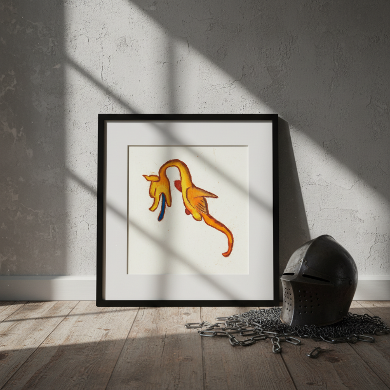 Whimsical dragon inspired by illuminated manuscript margins in gold and red hues