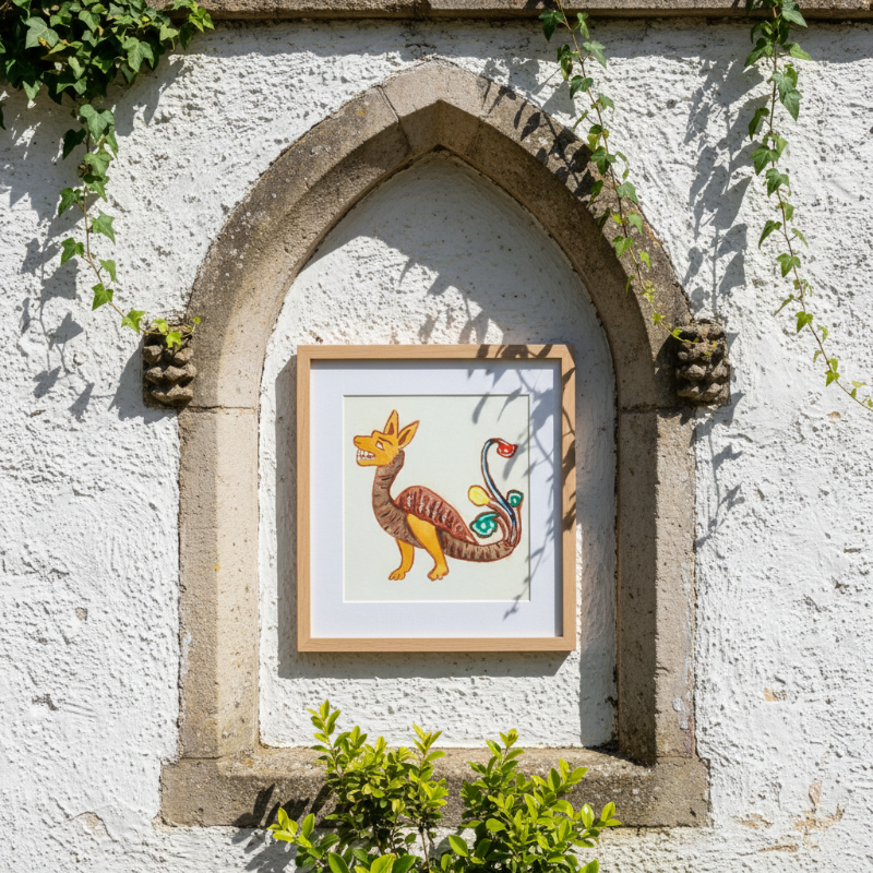 Golden medieval dragon illustration in marginalia style with decorative tail and warm earthy tones