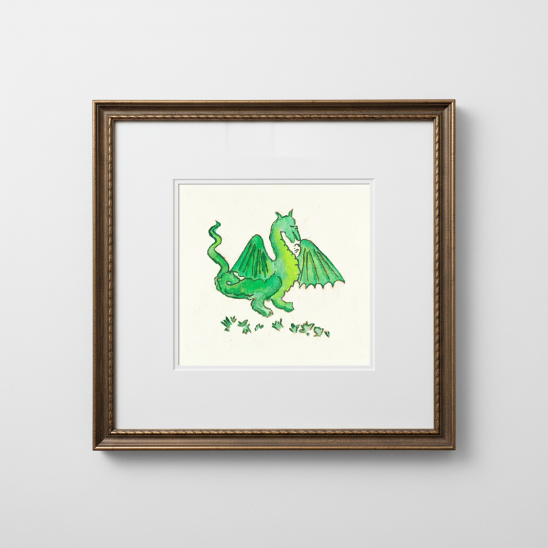 Green medieval dragon illustration in marginalia style with wings and curled tail on neutral background