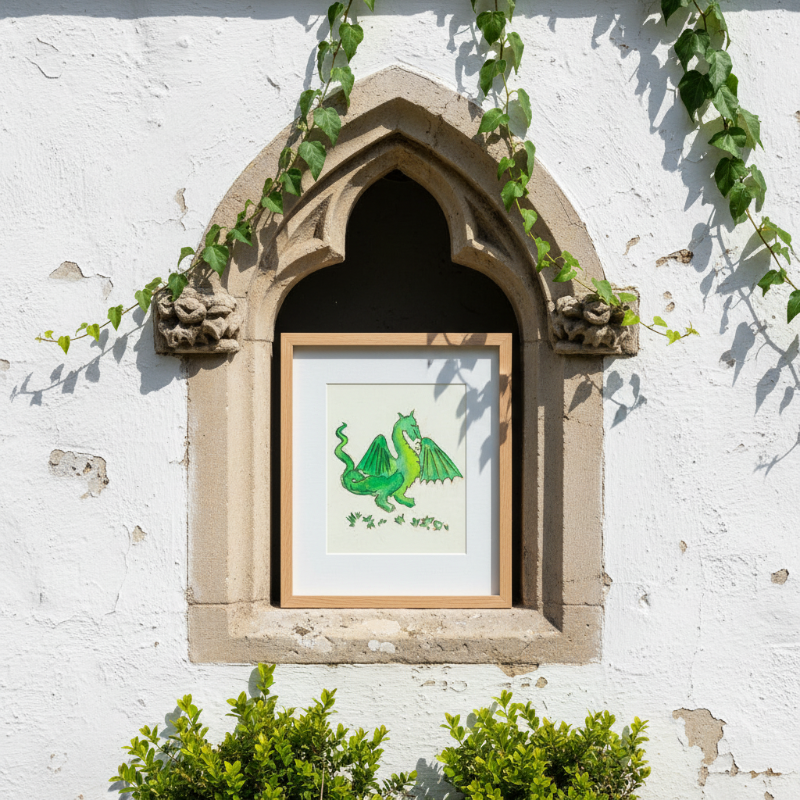 Hand-drawn green dragon inspired by illuminated manuscript creatures in a playful medieval style