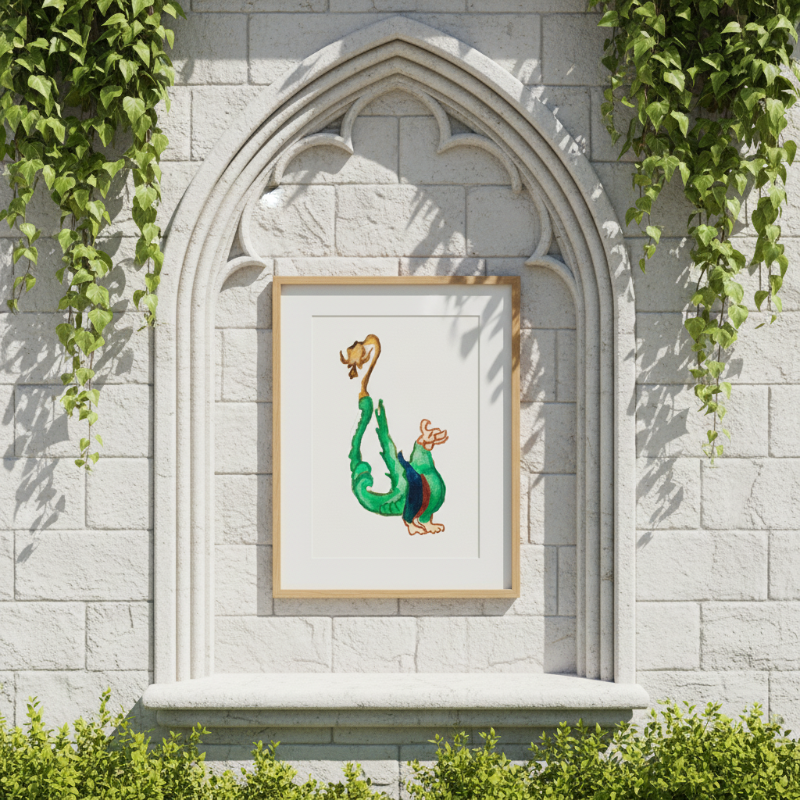 green medieval style dragon illustration standing upright with curled tail and gold head on neutral background