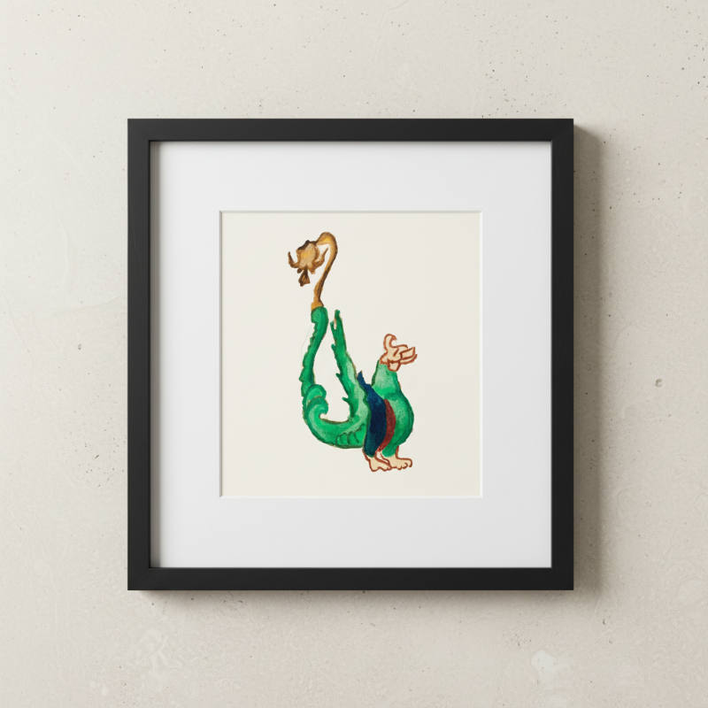 playful marginalia inspired dragon in green with blue and red accents fine art print detail