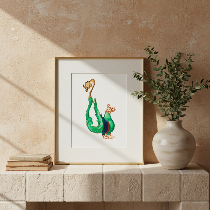 archival fine art print of whimsical medieval dragon with elongated neck and textured paint finish