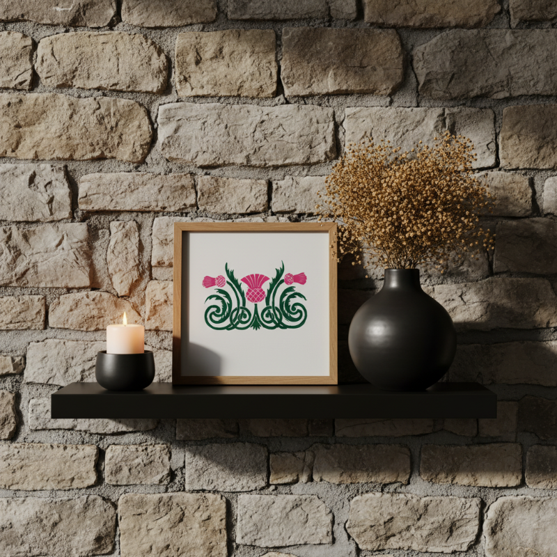 Close-up of linocut print showing carved line work, ink texture, and layered green and pink relief printing details