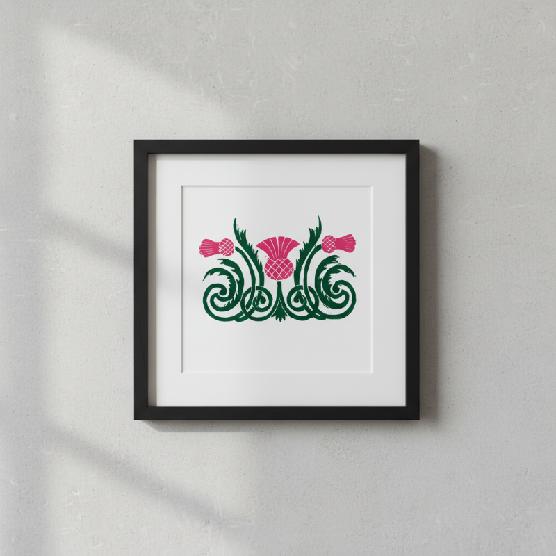 Hand-carved linocut artwork of a stylized thistle in green and pink ink, inspired by medieval ornament and Scottish botanical symbolism