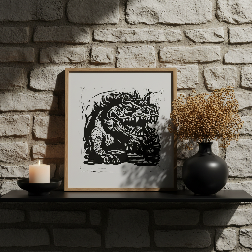 Framed artwork of a Hodag on a stone wall background