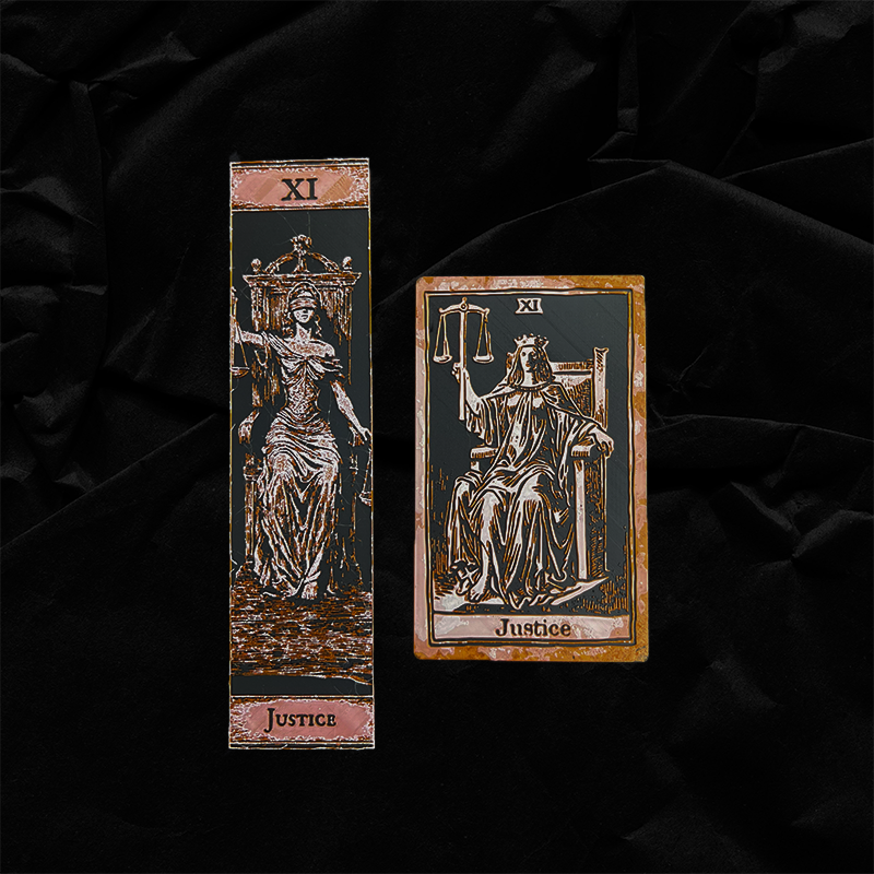 Justice tarot bookmark Classic Edition beside the Justice tarot card bookmark Collector Edition, showing both formats together on a black background