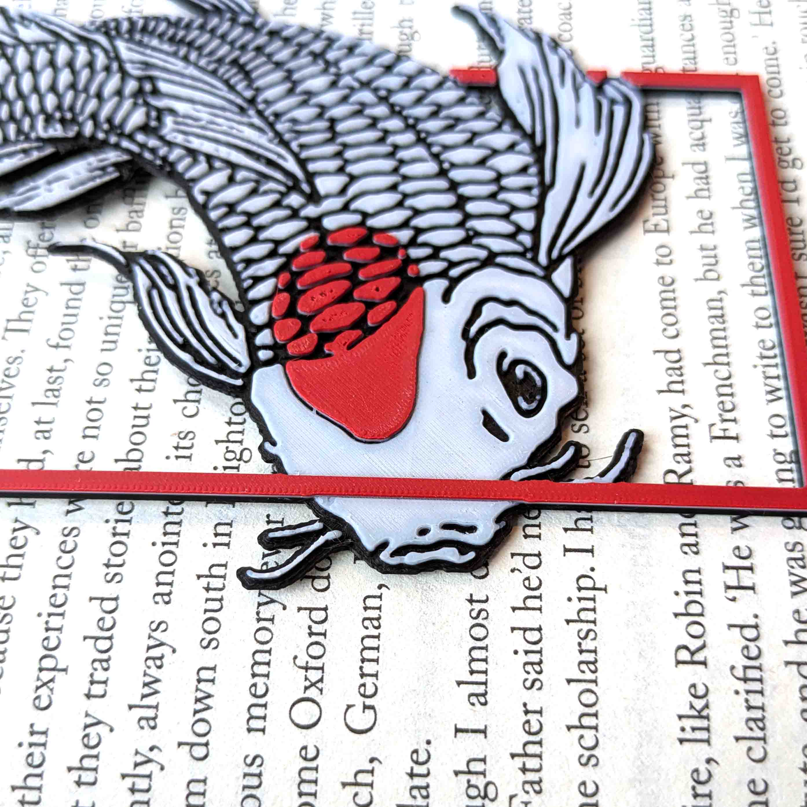 Close up of illustrated koi fish artwork on Japanese inspired bookmark