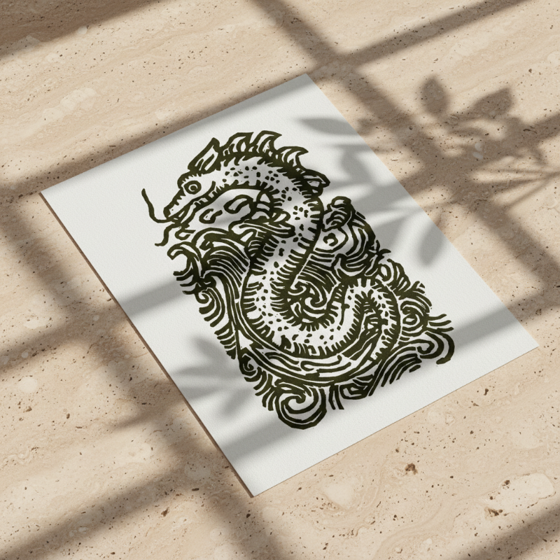 Black and white Loch Ness Monster fine art print featuring a mythical sea creature surrounded by flowing medieval-inspired ornamentation.