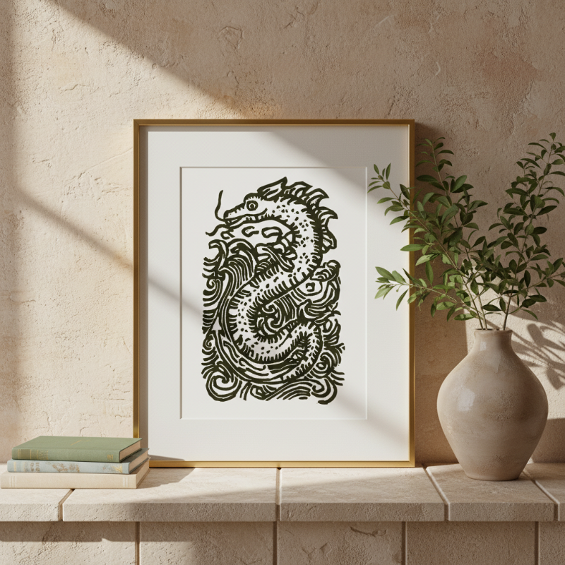 Detailed view of a Loch Ness Monster art print inspired by medieval folklore and traditional relief printmaking techniques.