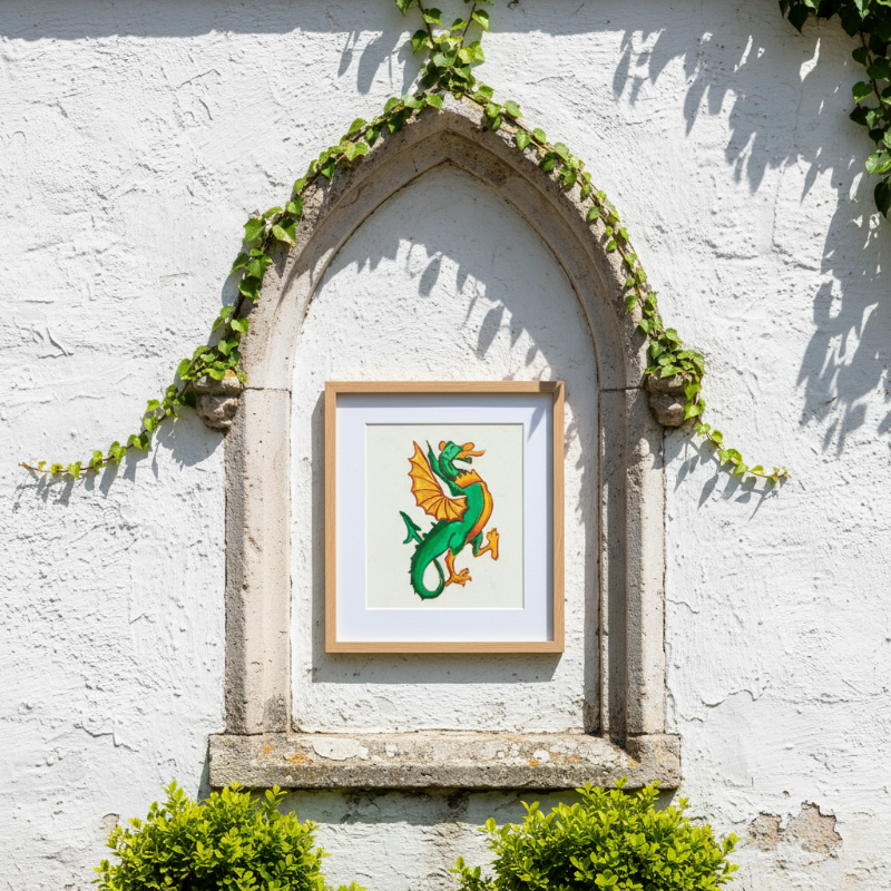 Medieval folklore dragon artwork with bright green scales and yellow wings in illuminated manuscript inspired style.