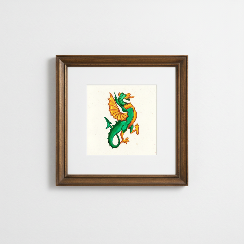 Colorful medieval style dragon illustration with green body and golden wings inspired by illuminated manuscript creatures.