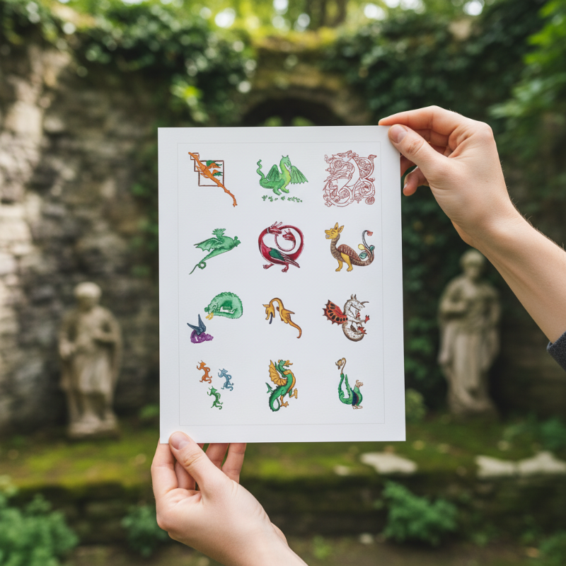 Medieval style dragon studies arranged on a single illustration, inspired by illuminated manuscript marginalia and printed as a colorful fine art reproduction.