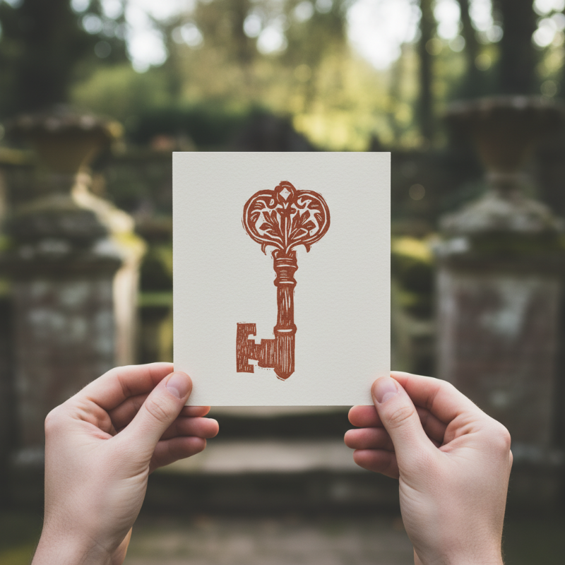 Close up of carved linocut lines and ink texture in medieval key relief print showing hand carved surface detail.
