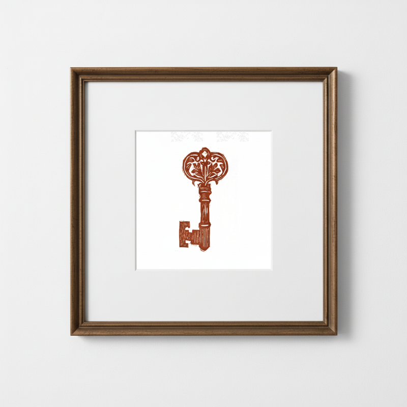 Hand carved medieval key linocut artwork printed in red ink, inspired by historic ironwork and traditional relief printmaking.