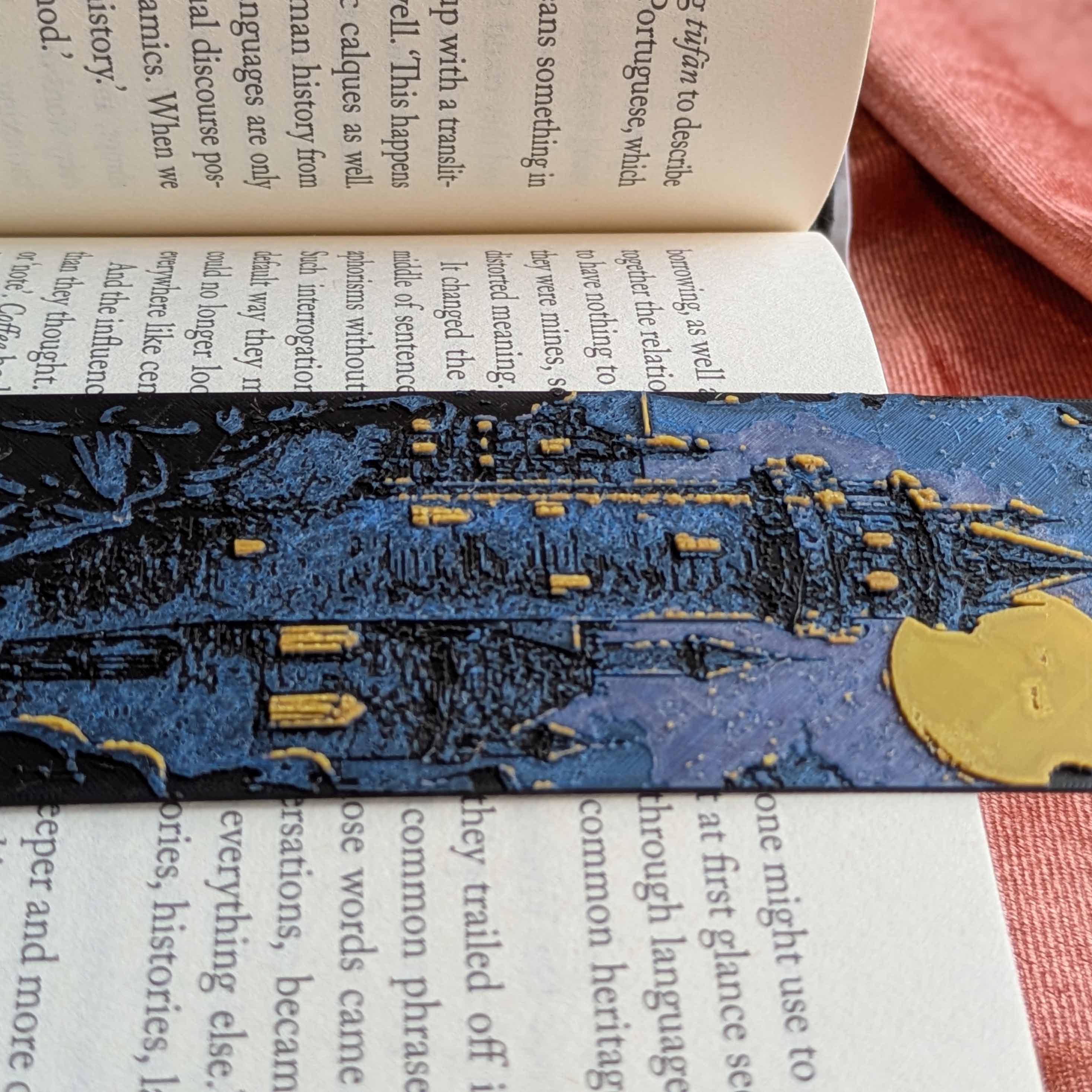 Close-up of Moonlit Castle II bookmark showing textured artwork