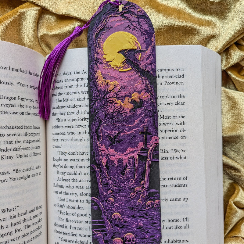Moonlit graveyard purple textured bookmark with color coordinated tassel
