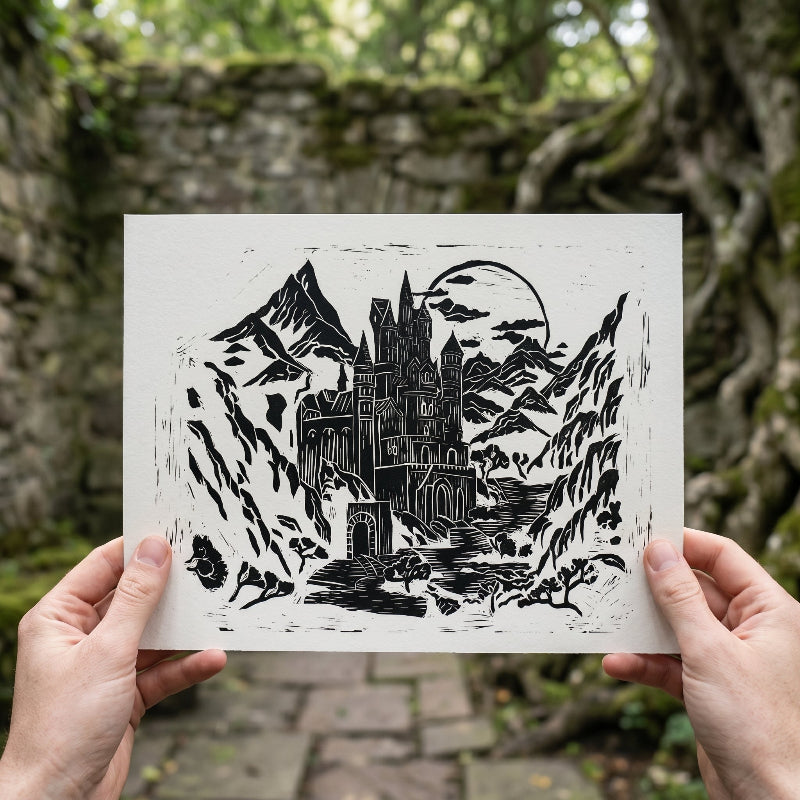 Black and white fine art print depicting a medieval castle nestled between mountain peaks beneath a full moon, inspired by historic architecture and folklore landscapes.