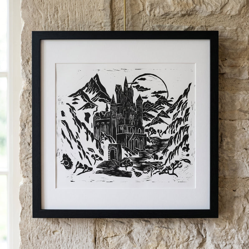 Close-up detail of carved linocut texture showing hand-cut line work, architectural details, and relief print surface marks in a medieval castle artwork.